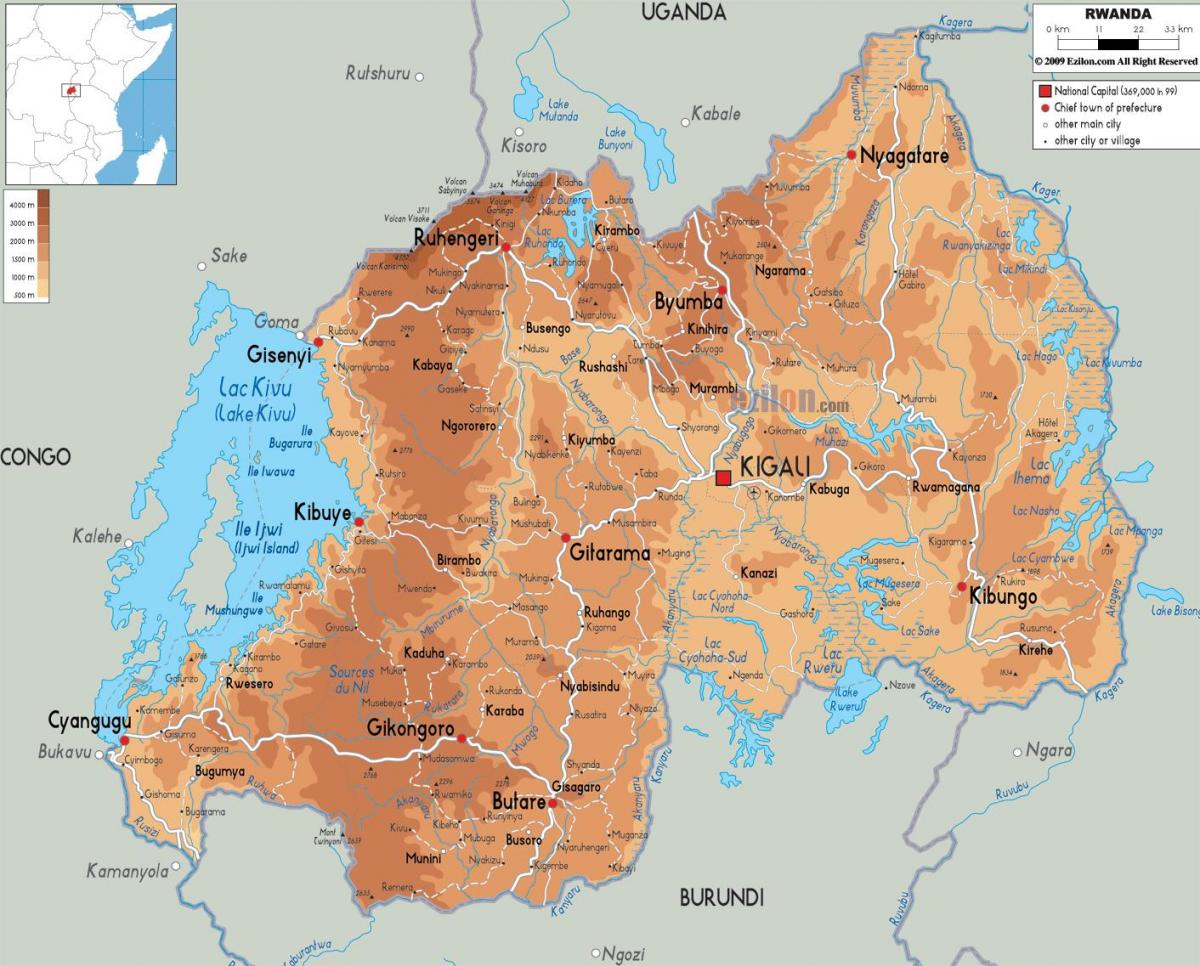 карта фізична карта Руанди